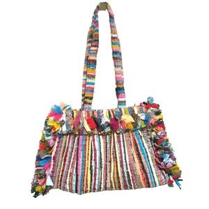 RARE Boho Colorful Woven Shoulder Bag Purse Multi Color Fringe Tote Handmade Rug
